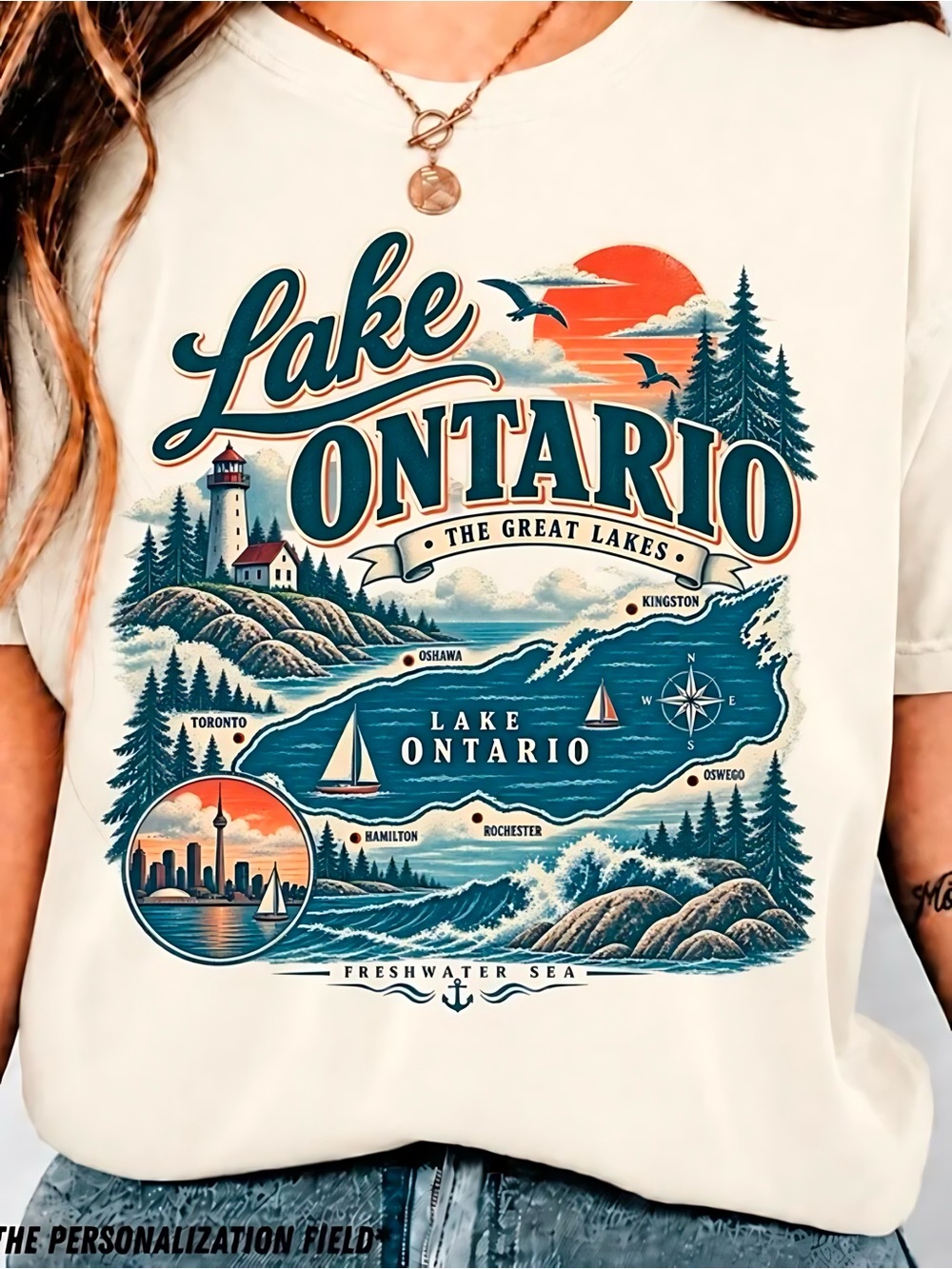 Gildan Cream Lake Ontario Graphic Tee with Blue and Orange Print